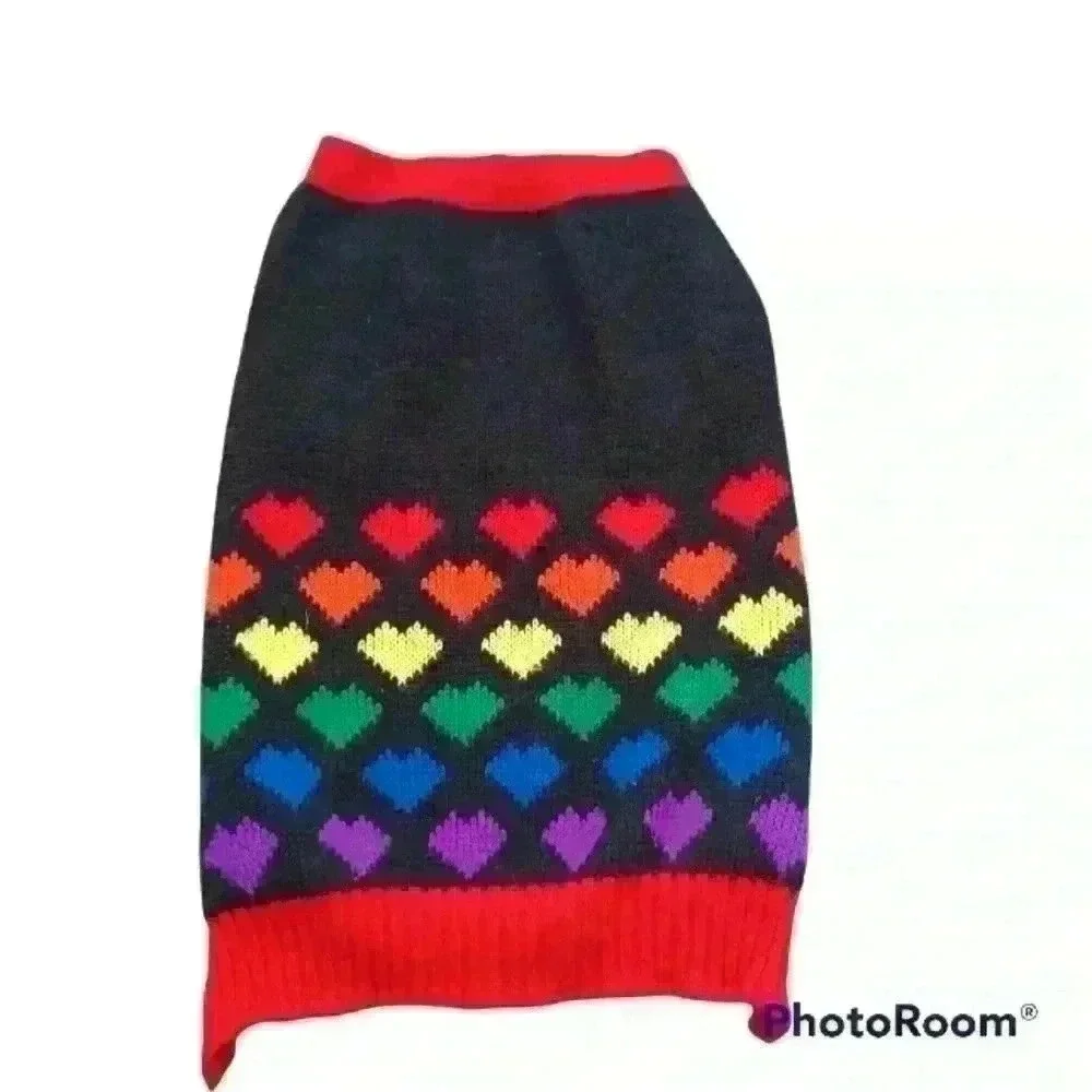 Cozy Knit Rainbow Heart Print Dog Sweater L